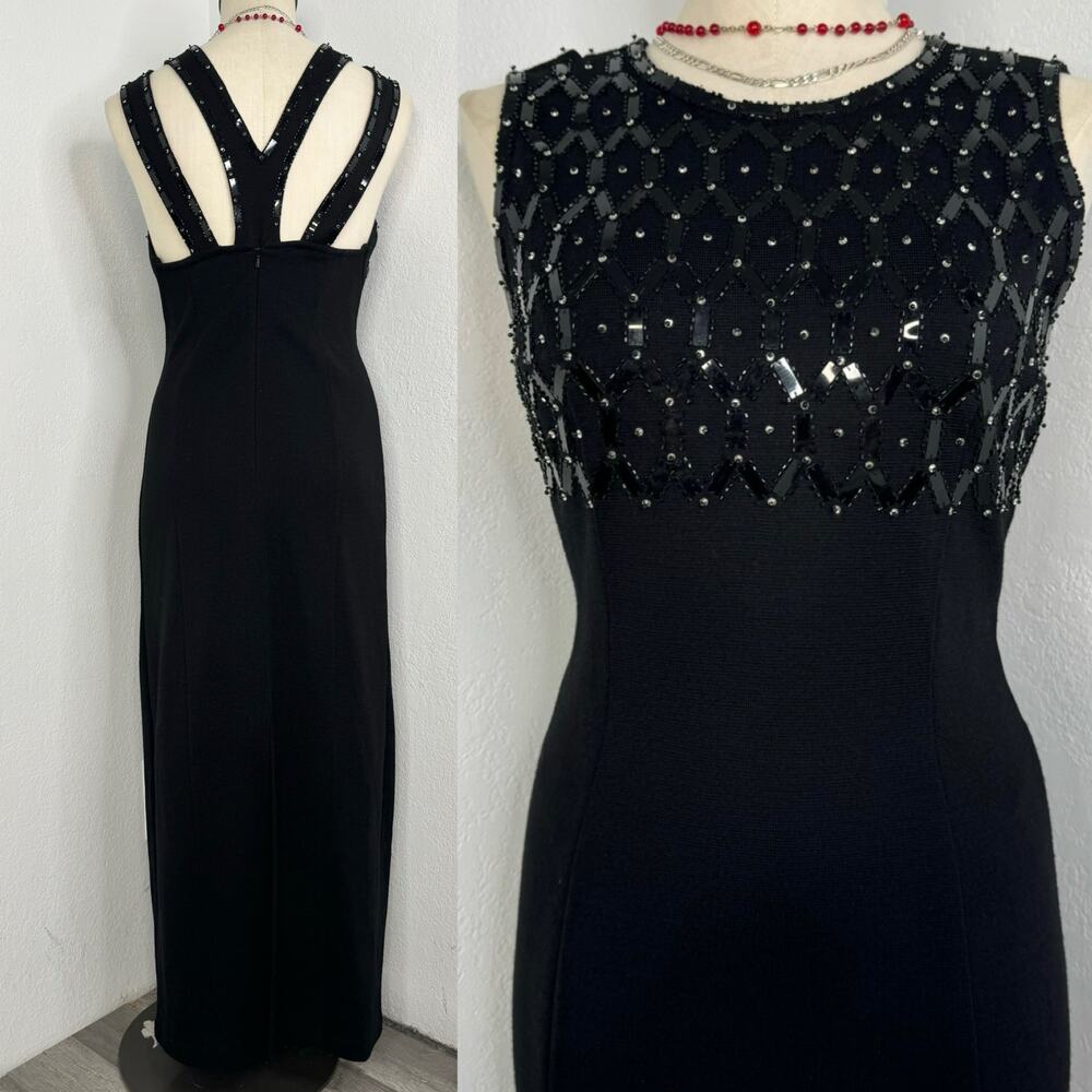 Vintage 90s Black Wool Blend Maxi Sweater Dress Beaded Sleeveless Goth Formal